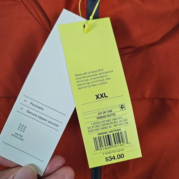 All In Motion Men Jacket Size XXL Lightweight Water Repellent Rust/Orange Zip - Picture 9 of 11